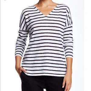Eileen Fisher Striped V-Neck Linen Blend Sweater